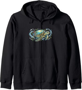 Sea Turtle Earth Day Zip Hoodie-Black-5XL